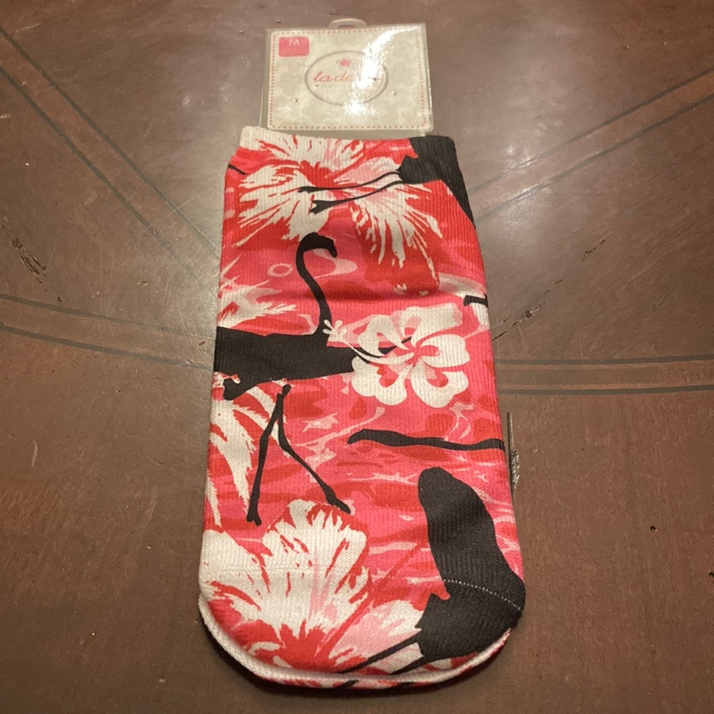 New with tags LaDeDa flamingo and hibiscus flower socks w/contrasting polka dots